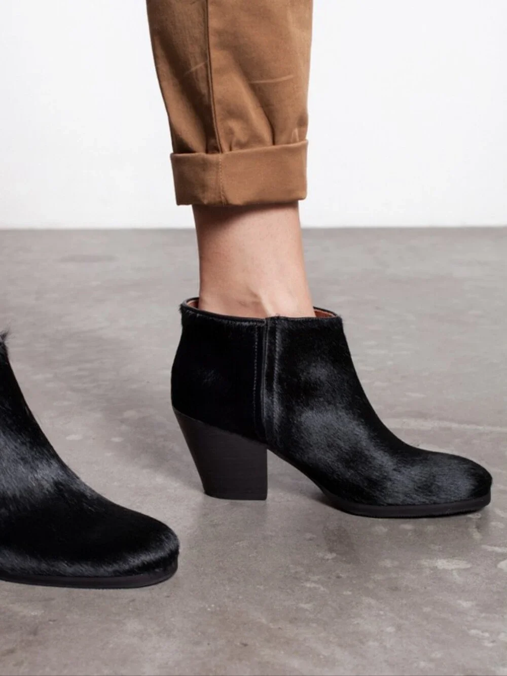 Rachel Comey Mars Calf Hair Ankle Bootie Black Chunky Stacked Heel 7